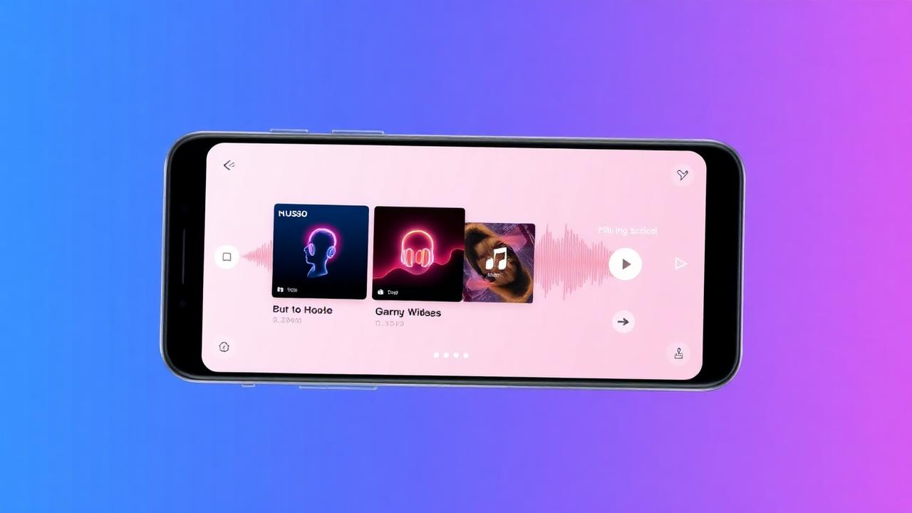 App mobile di musica AI con copertine fluttuanti e onde sonore