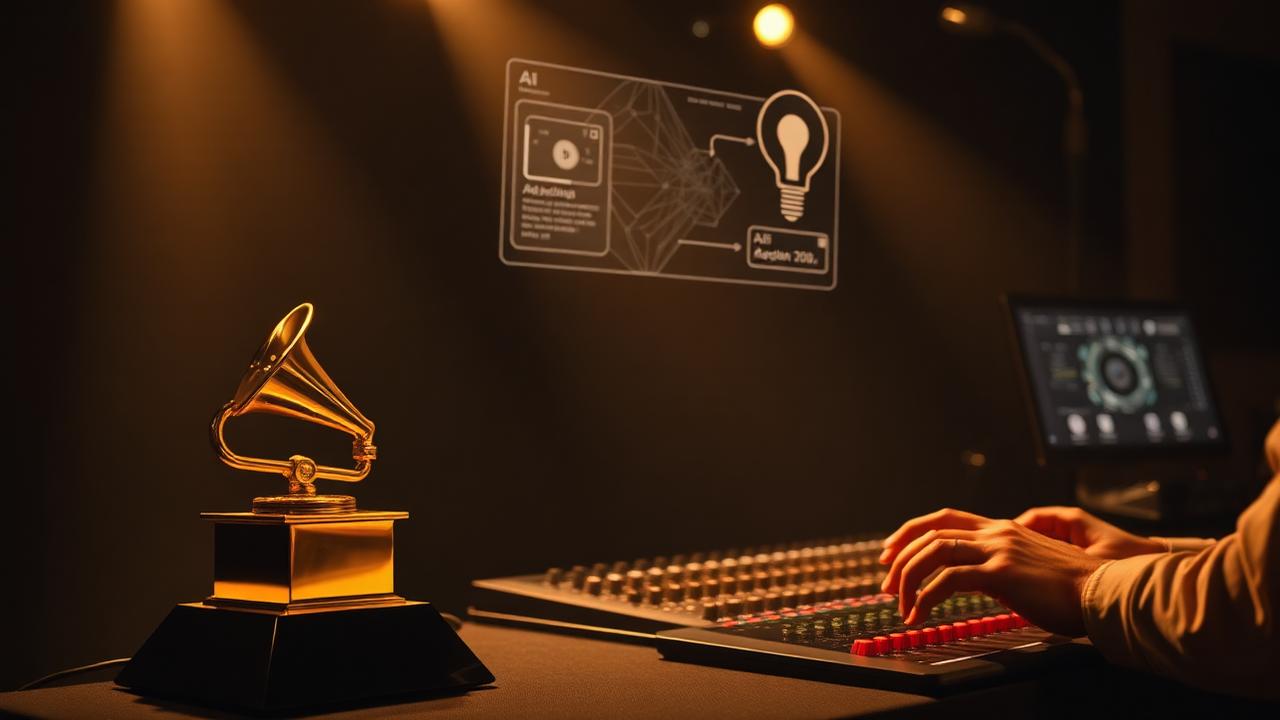 Statuetta Grammy dorata con interfaccia AI olografica in studio di registrazione
