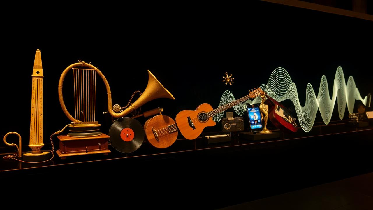 Linea del tempo degli strumenti musicali dal flauto preistorico allo smartphone con AI