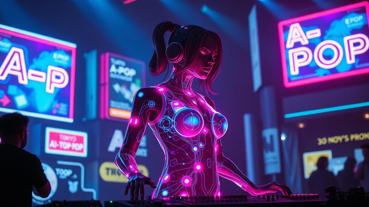 Avatar di artista AI sul palco con luci neon e insegne A-Pop